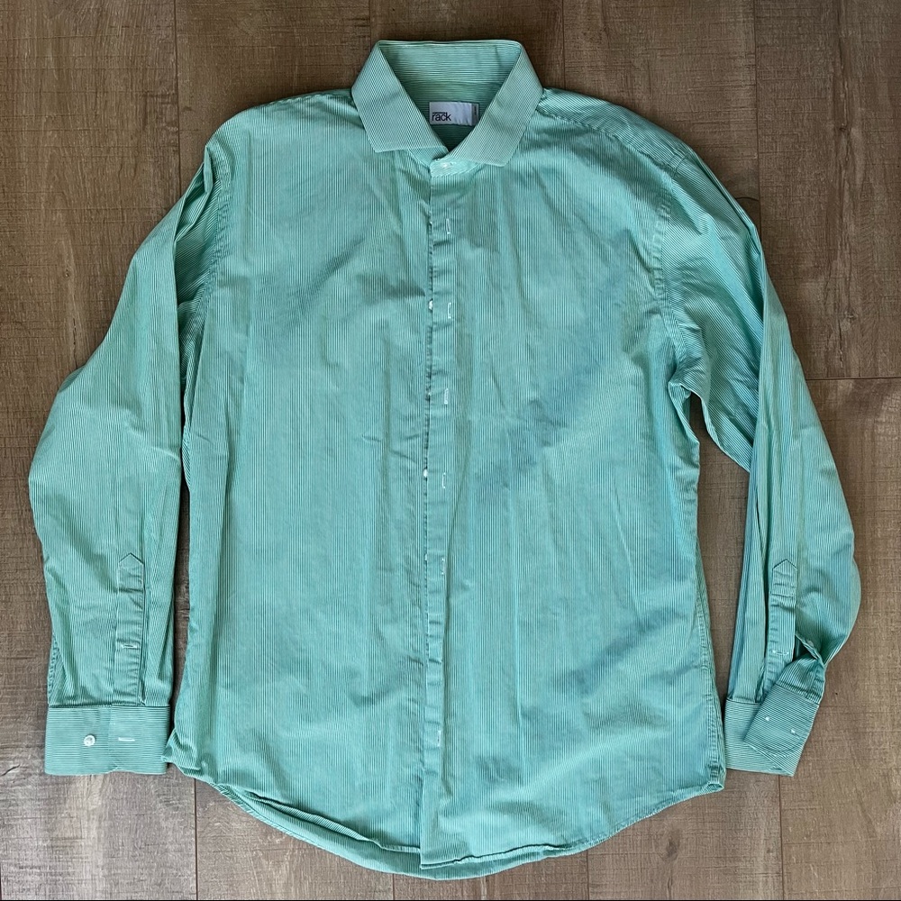 Nordstrom Rack Green Stripe Trim Fit Cotton Dress Shirt 16.5 34 / 35